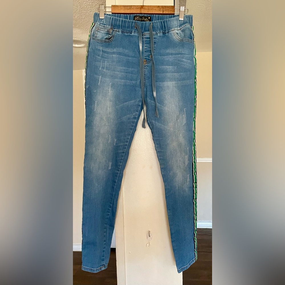 Roma Studio Green Striped Distressed Drawsting Waste Denim Jeans Size Small